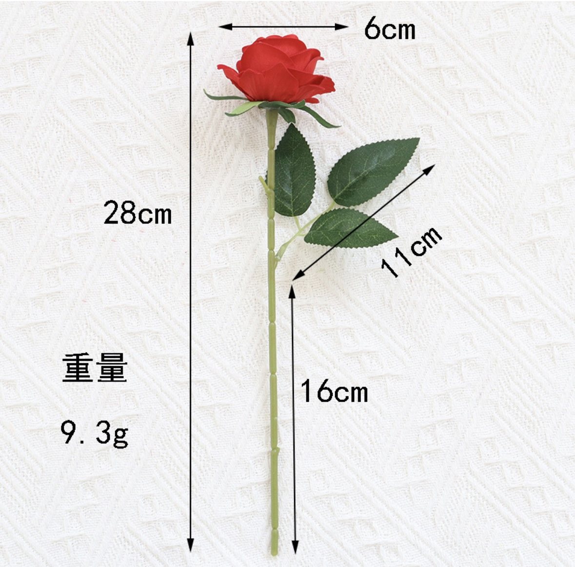 Red rose stem with measurements marked.